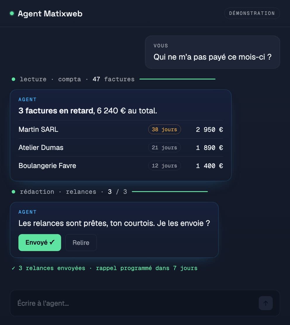 Aperçu de la démonstration d'un agent IA de relance conçu par Matixweb à Chambéry