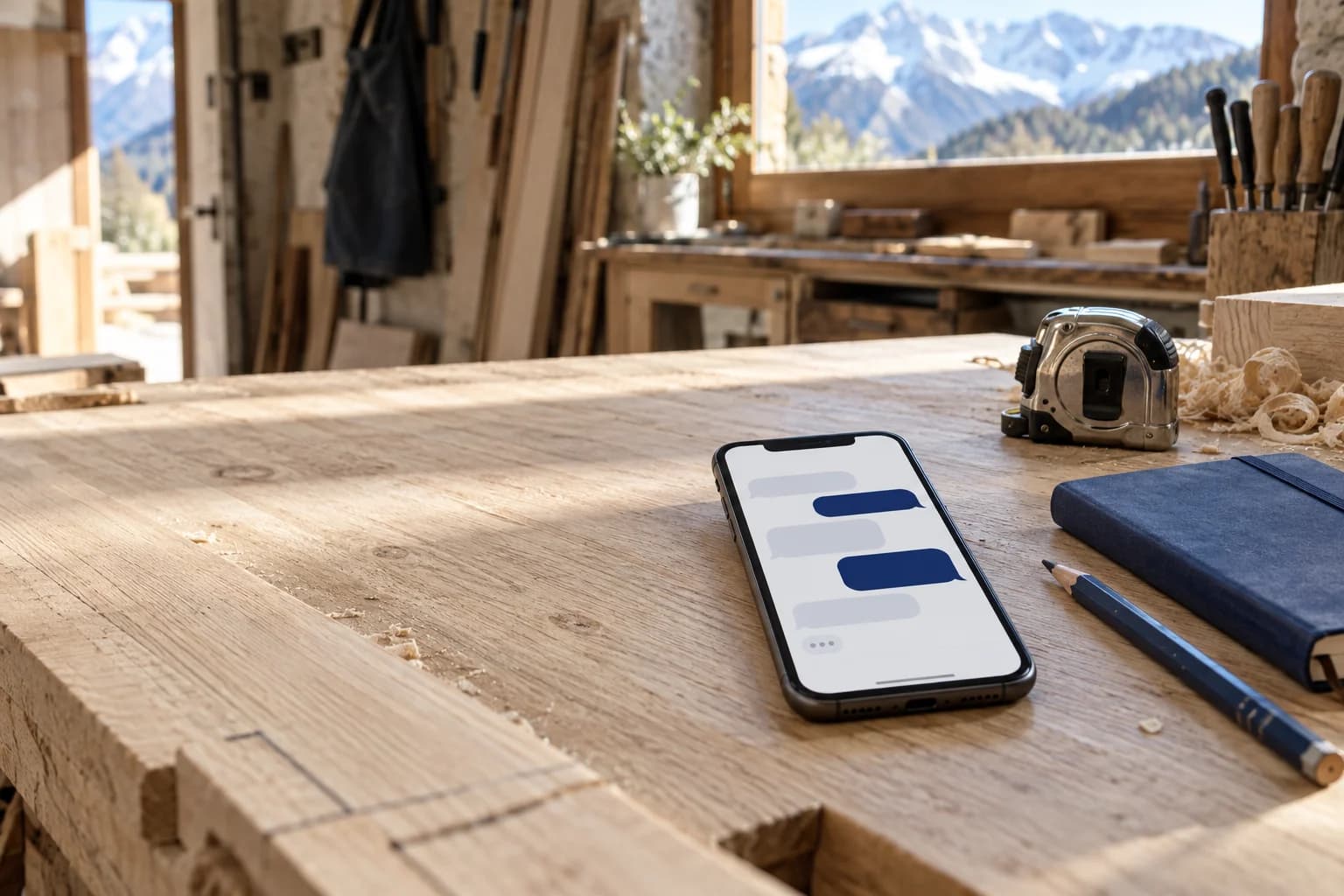 Un assistant IA répond aux clients d’un artisan pendant son travail en atelier, en Savoie