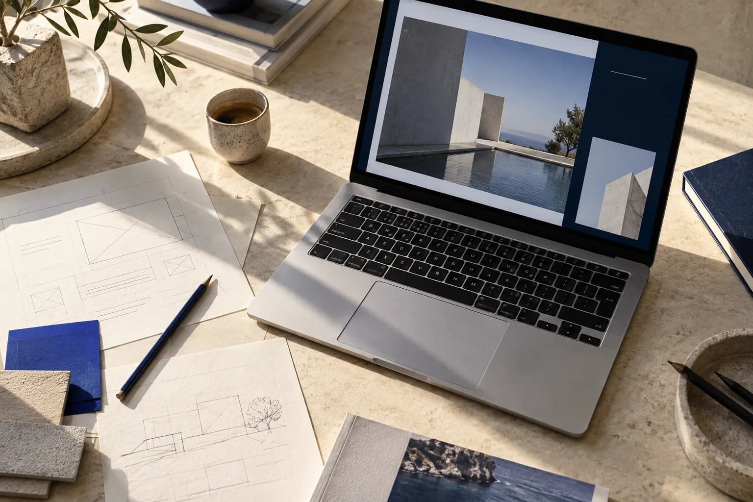 Ambiance de création de site internet à Chambéry : ordinateur, croquis et matières sur une table de conception